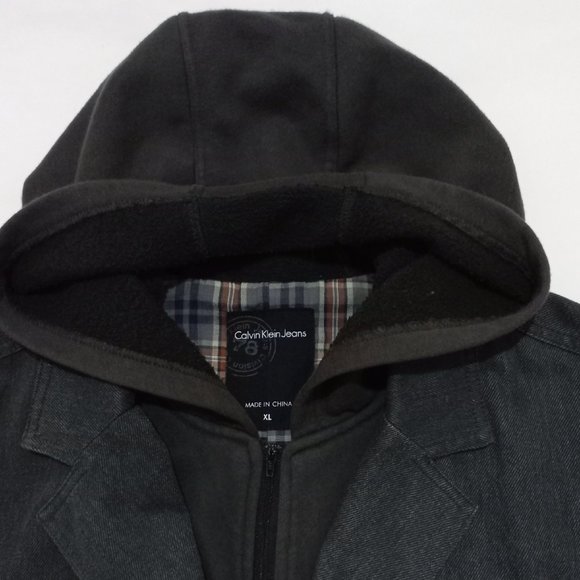 Calvin Klein Jeans Denim Jacket Hooded Button Full Zip Men's Size XL Gray - Picture 3 of 11